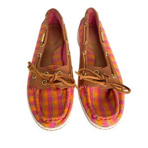 Coach Richelle Loafers Boat Deck Shoes Plaid Pink Orange Fabric Leather Size 7.5